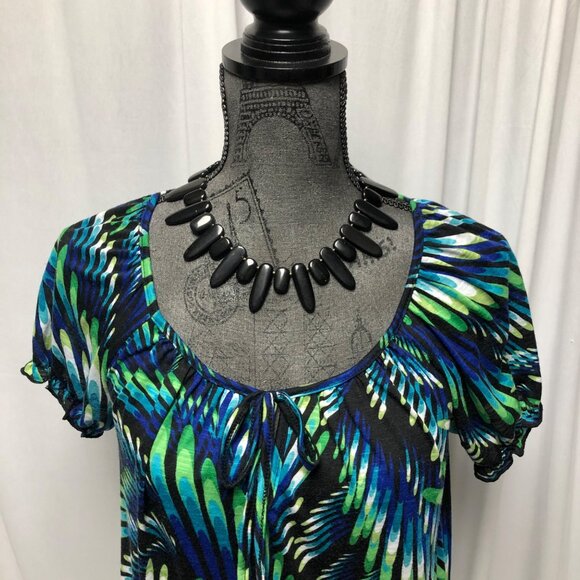 AGB Top Womens Size Small Black Blue Green Short Sleeve Scoop Neck Shirt - Picture 2 of 7